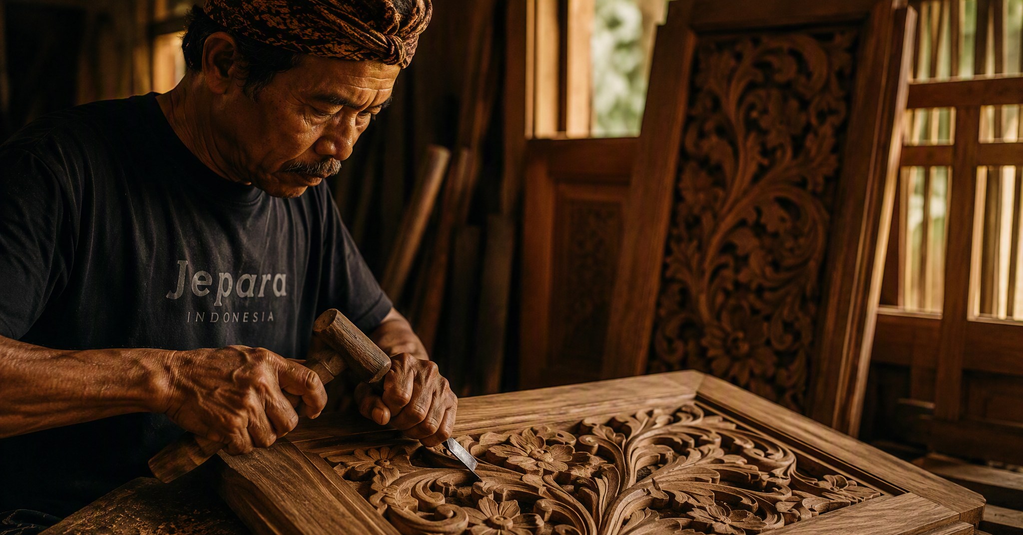 Perajin Jepara mengukir kayu jati